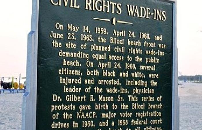 Historical marker about the 1959 Biloxi, Miss., civil-rights wade-ins
