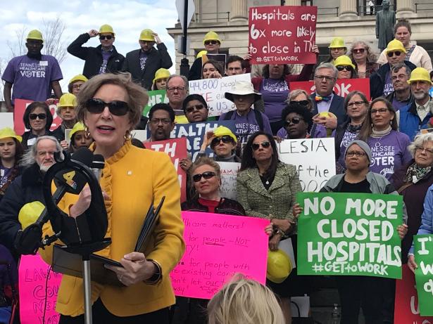 Mayor Jill Holland of McKenzie, Tenn., at a rally against hospital closures. 