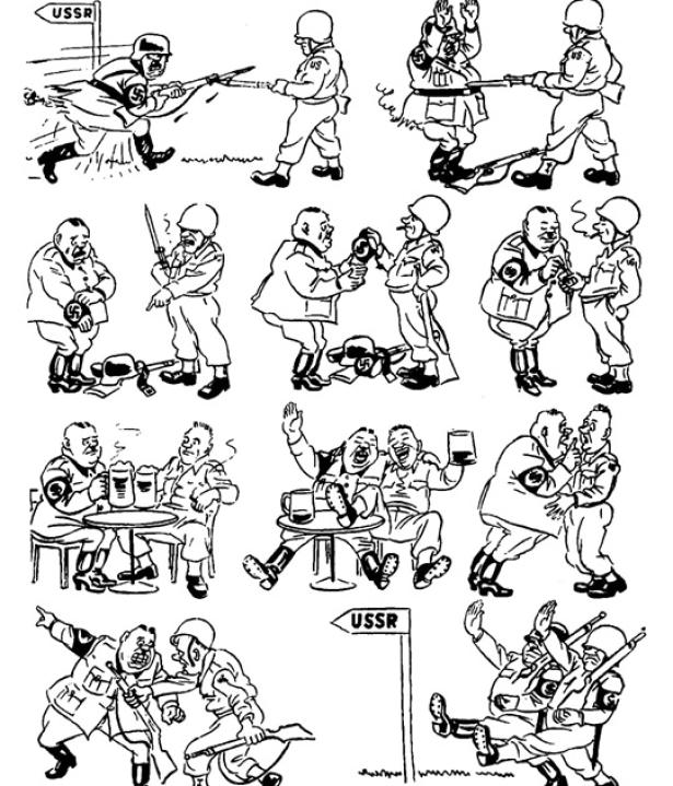 Cartoon depicting improper post-war cooperation between the U.S. military and Nazi soldiers