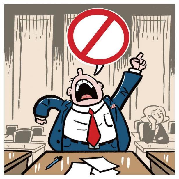 Illustration of a man in a suit yelling with a stop circle above his head.