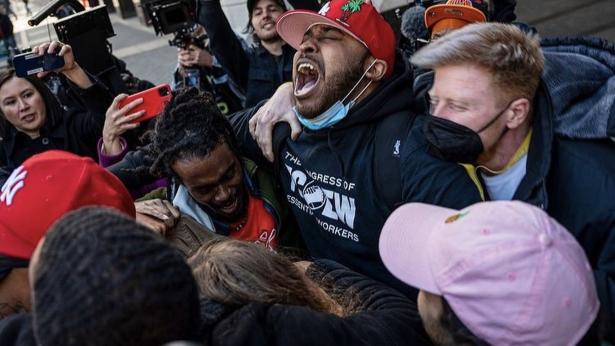 Smiling, shouting heads of workers celebrating. 