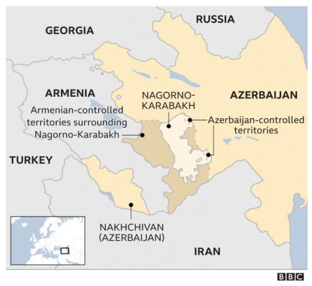 Map of the region where a war rages between Armenia and Azerbaijan.
