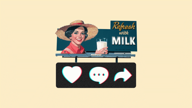 Retro billboard of woman with glass of milk