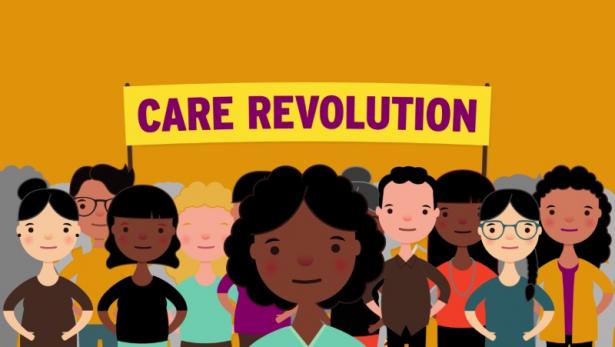 Cartoon of a crowd  of health care workers holding a sign:  CARE REVOLUTION