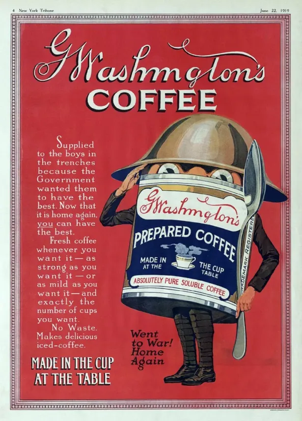 Washington's Coffee's enormous success amongst American soldiers overseas was central to its marketing even after the war had ended. 