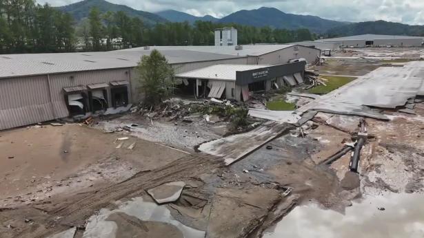 Photo of the outside of a factory building after being devastated by the hurricane. 