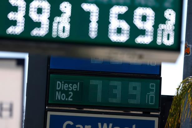 A sign displays diesel prices at a gas station in Los Angeles on Aug. 21. 