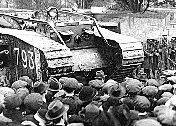 A crowd of civilians confronting a British Army tank during the Irish War of Independence