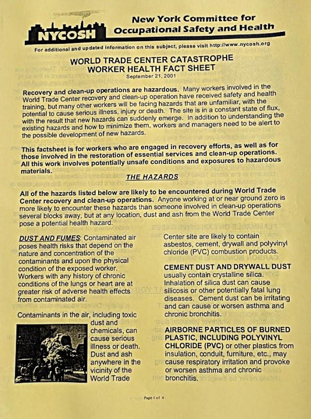 Leaflet from September 2001 about health hazards resulting from the collapse of the World Trade Center in Manhattan