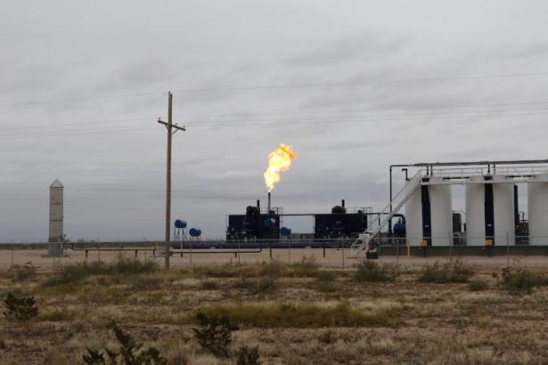 Natural gas flares at a facility south of Carlsbad, New Mexico.