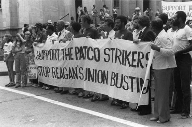 Striking air-traffic controllers demonstrating in 1981