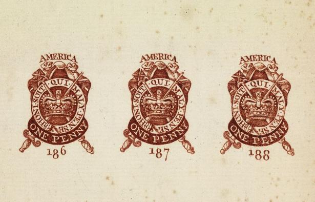 Image of three of the printed stamps that were required by the Stamp Act