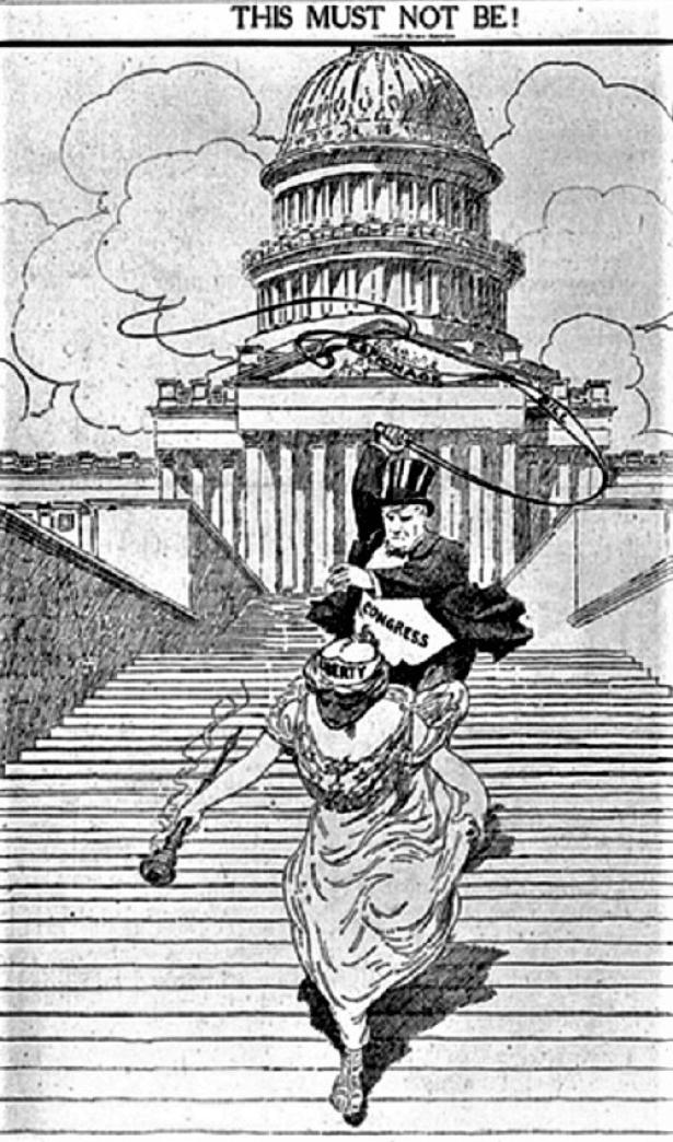 Member of Congress using a whip to drive Lady Liberty out of the U.S. Capitol