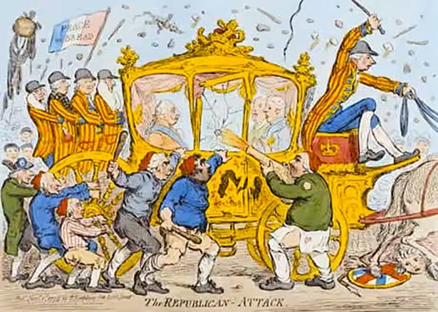 1795 cartoon showing angry crowd throwing stones at King George's carriage