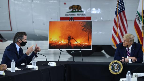 Gov. Gavin Newsom briefs President Donald Trump on California’s wildfires on Sept. 14, 2020. 