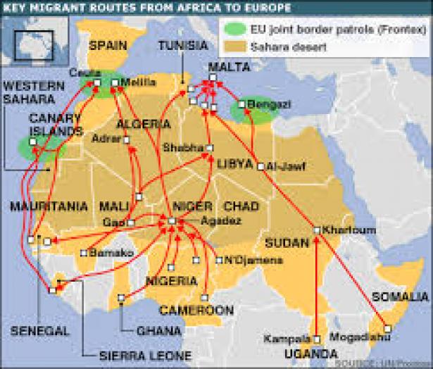 map of key migrant routes in North Africa to EU
