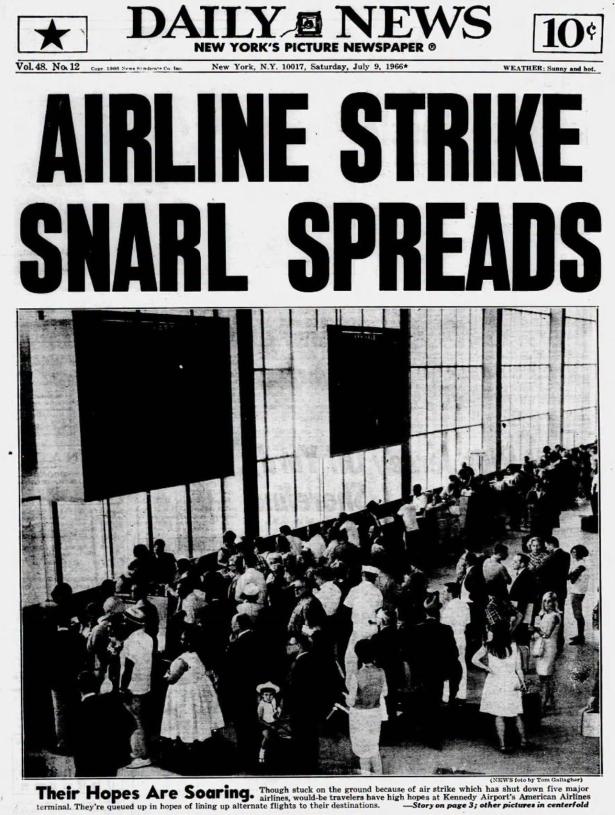 NY Daily News with "Airline Strike Snarl Spreads" headline