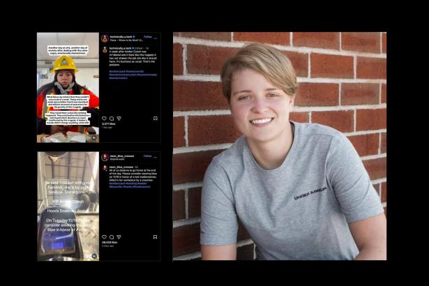 Photo of a woman with "chat" messages on the side.