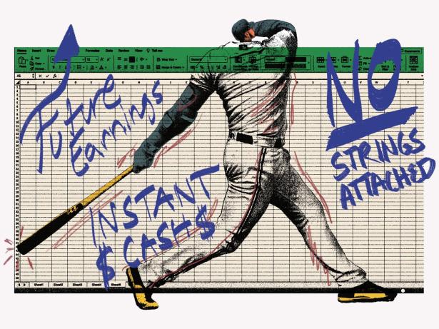 Drawing of a baseball player over a computer screen with the following words:  Future Earnings, Instant Cash, No Strings Attached 