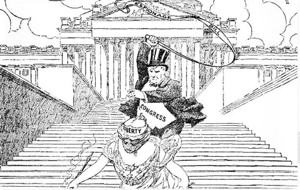 Cartoon showing the personification of "Congress" wearing a top hat using a bull whip to drive Liberty down the Capitol steps