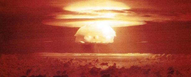 The huge mushroom cloud resulting from testing an H-bomb