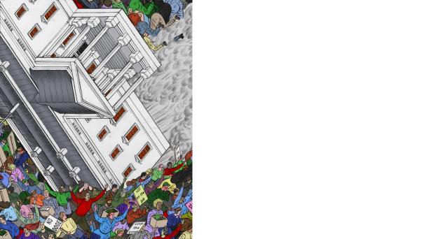 Illustration of workers getting crushed by a falling white house
