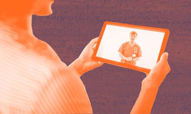 drawing of the back of a person holding an ipad with an image of a doctor. d a  a 