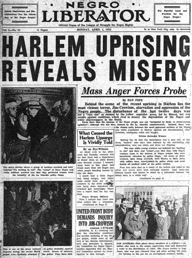 1935 newspaper with headline Harlem Uprising Reveals Misery