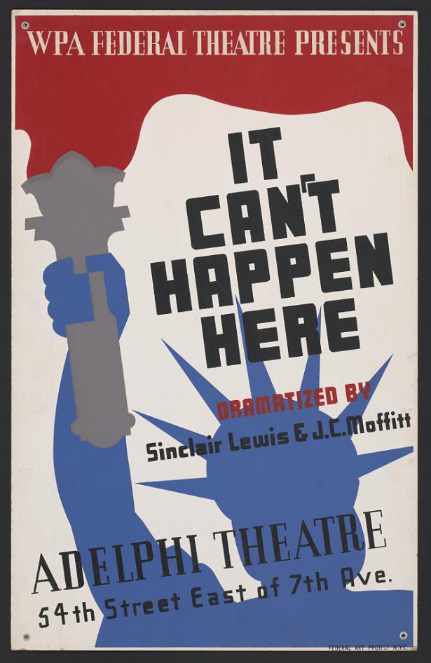 Theater poster for the 1936 play 'It Can't Happen Here'