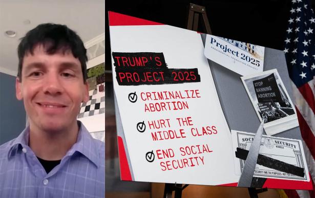 Split screen - photo of a man next to a bulletin board with info about project 2025