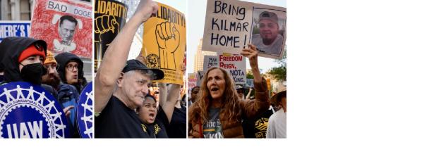 Compilation of 3 photos of protests.