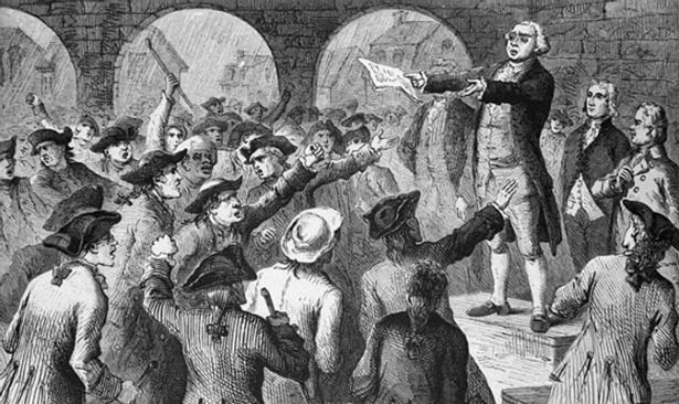 Illustration showing angry Sons of Liberty supporters meeting in New York City