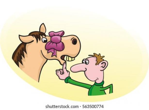 Illustration of a man looking into the mouth of horse with a bow on its head. 