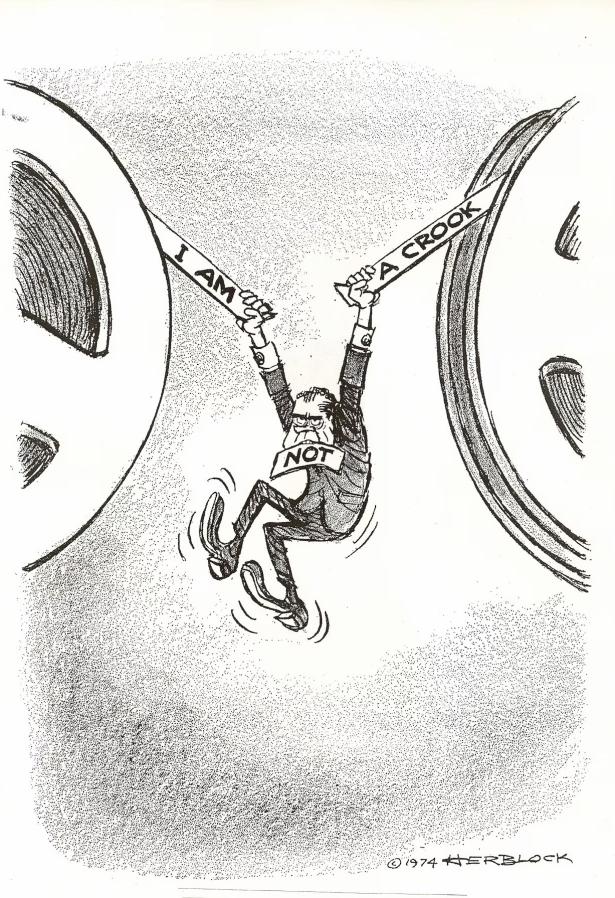 Cartoon of Richard Nixon losing the White House tapes cover-up