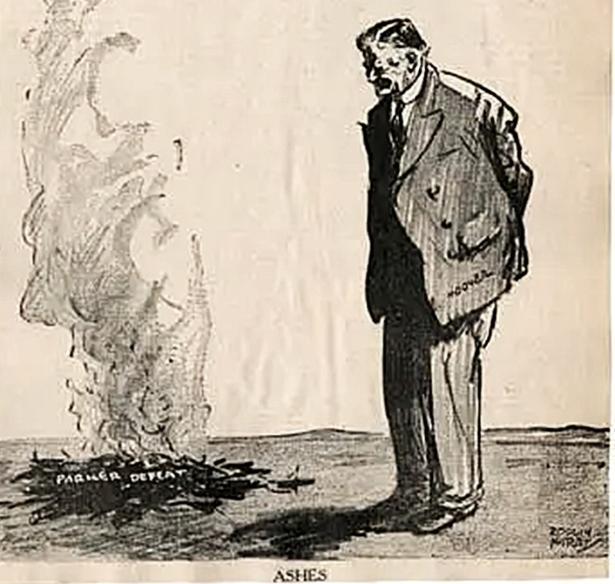 Cartoon of Herbert Hoover staring glumly at the ashes of John Parker's Supreme Court nomination 