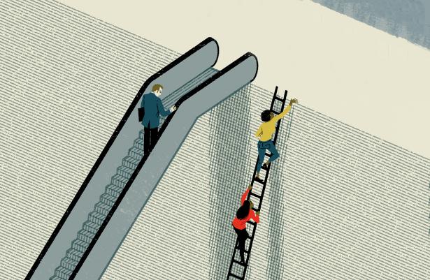 A man going up on an escalator.  Two women climbing up a ladder.