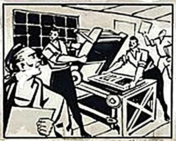 Cartoon of early-U.S. printshop workers
