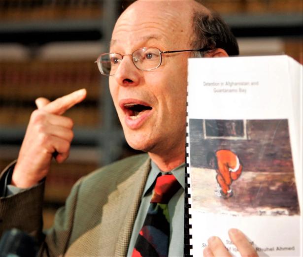 Photo of attorney Michael Ratner denouncing torture of prisoners at Guantanamo