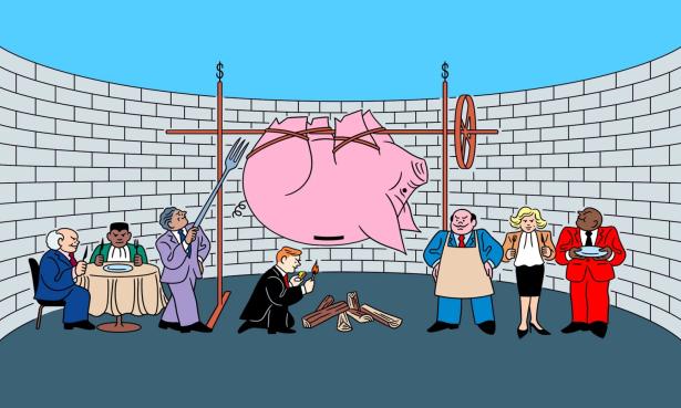 drawing of rich men roasting a pig on a spit