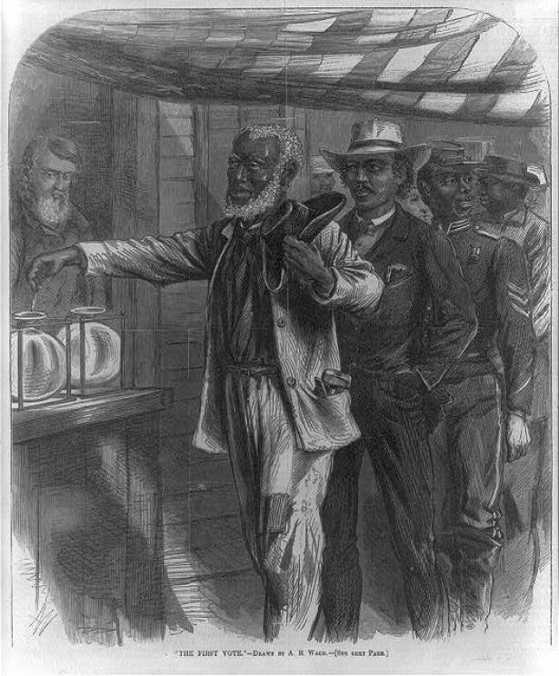 graphic showing casting of first vote by Black man during Reconstruction