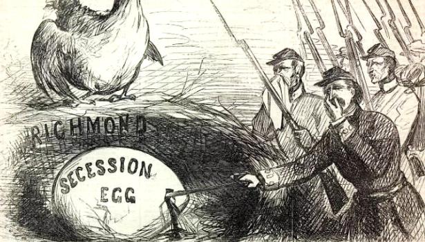 Union soldiers holding their noses to stop smelling the rotten egg of secession