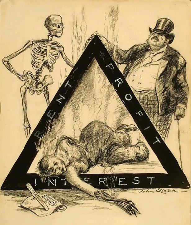 Drawing by John Sloan of a wealthy businessman and a skeleton shaking hands over the corpse of a garment worker killed by the Triangle Shirtwaist Factory Fire