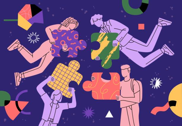 Colorful drawing of stick figures floating with puzzle pieces.