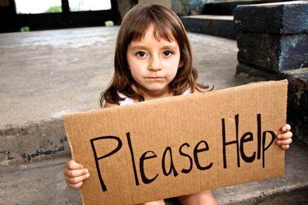 young girl holding cardboard sign "Please Help"