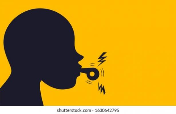 Drawing of a profile of a person's head blowing a whistle - in black against a yellow background.  with a