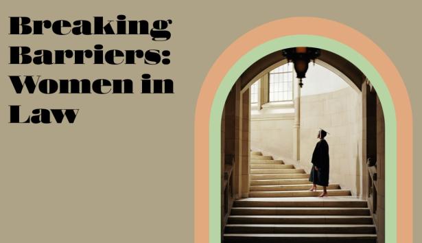 Photo of a woman wearing and academic gown and hat climbing a staircase, with the caption: Breaking Barriers: Women and the Law