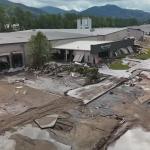 Photo of the outside of a factory building after being devastated by the hurricane. 