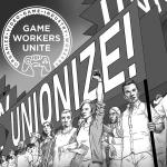 Drawing of workers in front of a sign that says UNIONIZE!