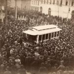 A streetcar immobilized by striking workers