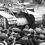 A crowd of civilians confronting a British Army tank during the Irish War of Independence